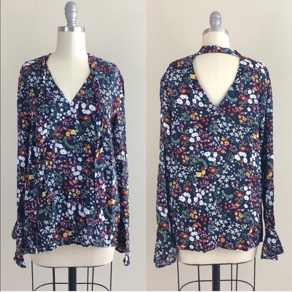 Tops - Navy Floral Tie Neck Long Ruffle Sleeve Blouse